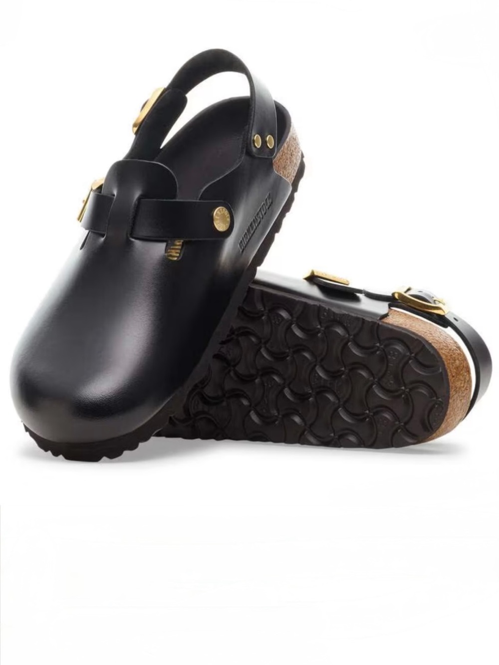 Birkenstock Tokio Black Leather Clog Sandal with Gold Buckles 39 L 8 NIB